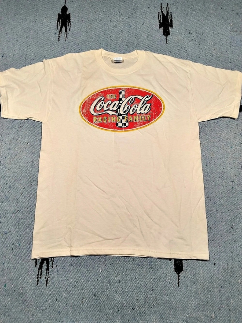 Y2K Coca-Cola Men's L Racing Family Advertising T-Shirt Soda Theme Graphic Tee